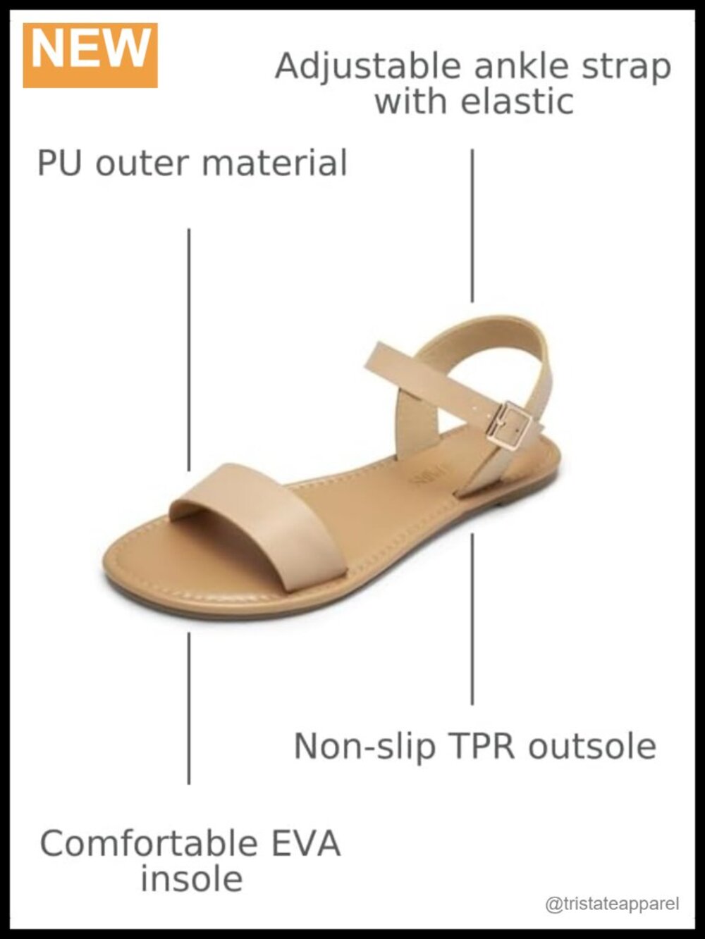 Dressy Flat Sandals with Adjustable Ankle Strap, Non-Slip TPR Outsole,